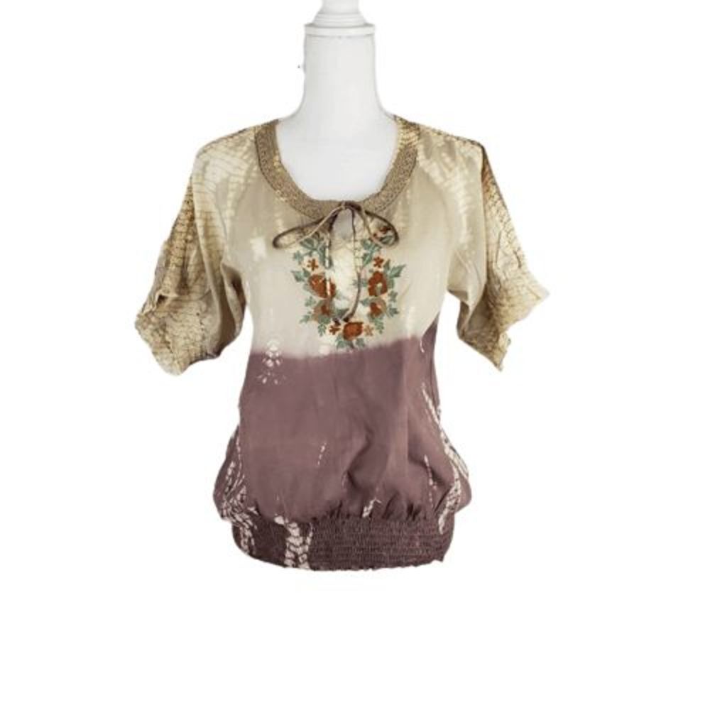 NWT Boho embroidered cotton top / earthy tie-dye blouse – women’s